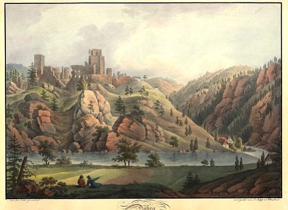 Anton Köpp von Felsenthal: Burgruine Dobra (kolorierte Umrissradierung, 1814/24) 